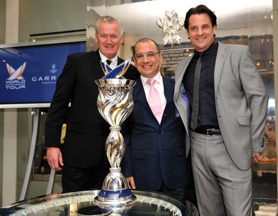 (L-R) Peter Gilmour President WMRT, Patrick Lim Executive Chairman WMRT and Eric Deardorff Garrard CEO at Garrard in Mayfair for the unveiling of the new WMRT trophy created by the British jewellers. Image - Chris Davies