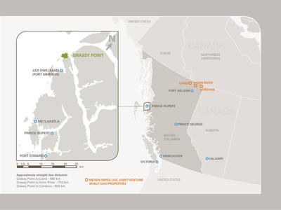 Overview of CNOOC Limited's Canadian shale gas holdings and proximity to Grassy Point site <br />in British Columbia, Canada.